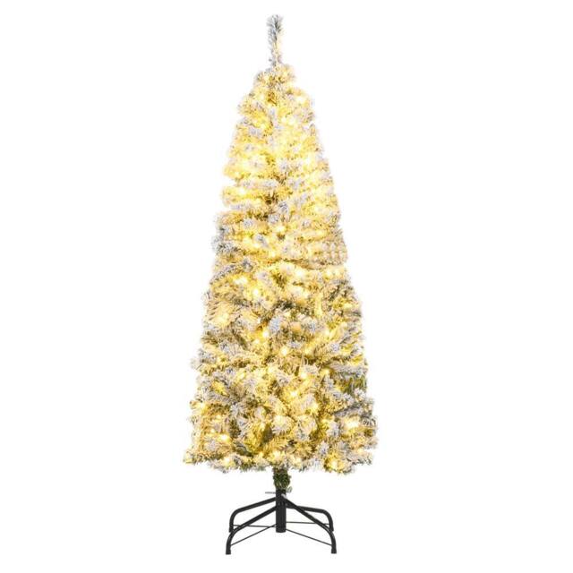 Gymax 150 CM Pre-Lit Christmas Tree Thick Snow-flocked Slim Pencil Xmas Tree in Green - image 1