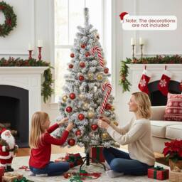 Gymax 150 CM Pre-Lit Christmas Tree Thick Snow-flocked Slim Pencil Xmas Tree in Green - thumbnail 5