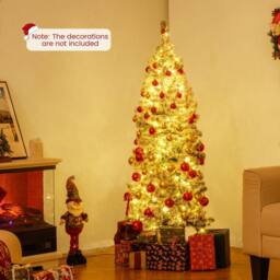 Gymax 150 CM Pre-Lit Christmas Tree Thick Snow-flocked Slim Pencil Xmas Tree in Green - thumbnail 3