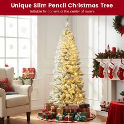 Gymax 150 CM Pre-Lit Christmas Tree Thick Snow-flocked Slim Pencil Xmas Tree in Green - thumbnail 4