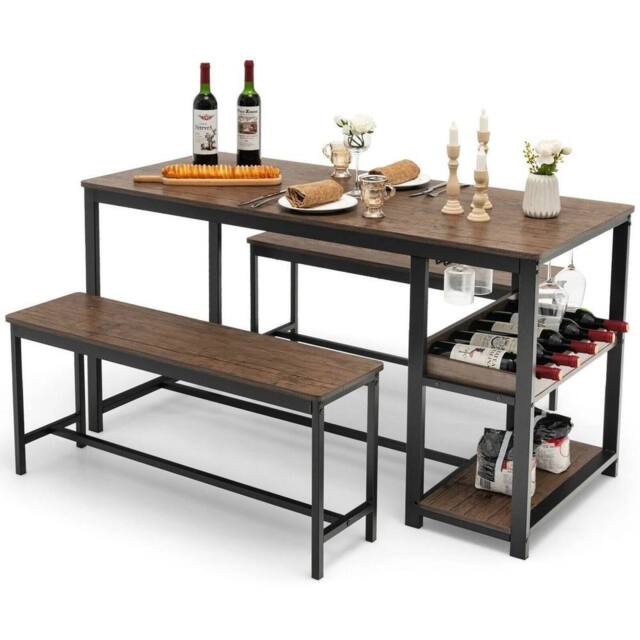 VOGREX 3PCS Dining Table Set 2 Benches Storage Shelf in Brown - image 1