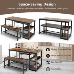 VOGREX 3PCS Dining Table Set 2 Benches Storage Shelf in Brown - thumbnail 5