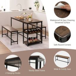 VOGREX 3PCS Dining Table Set 2 Benches Storage Shelf in Brown - thumbnail 3