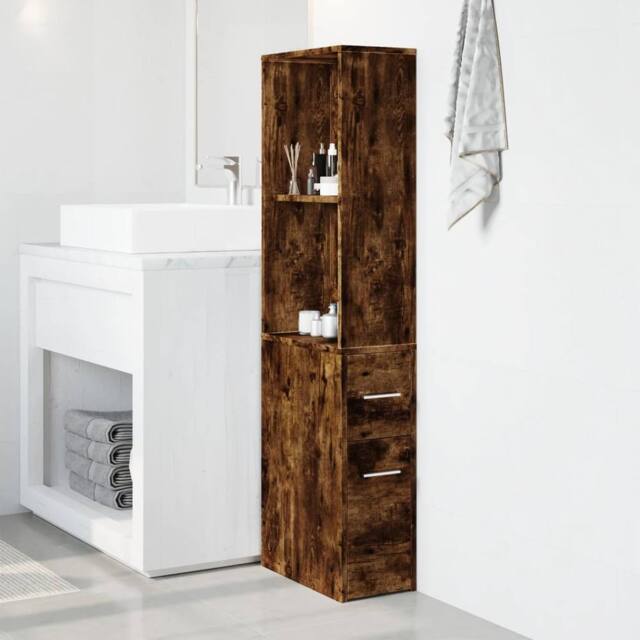 Berkfield Home Narrow Bathroom Cupboard with Wheels Smoked Oak Engineered Wood in Brown - image 1