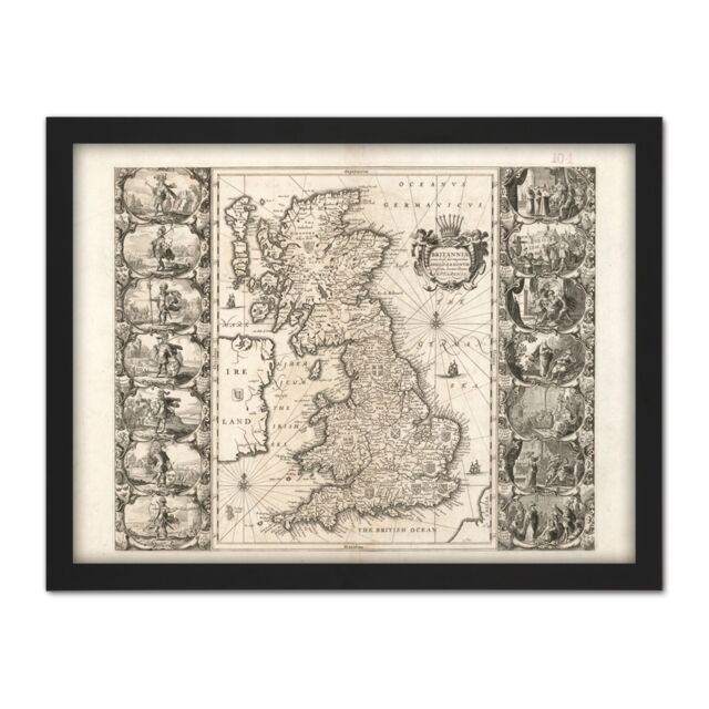 "Artery8 Wall Art Print Jansson 17th Century Anglo Saxon Map Britain Large Framed Wall Décor Art in Black - Size: W18"" x H24""" - image 1