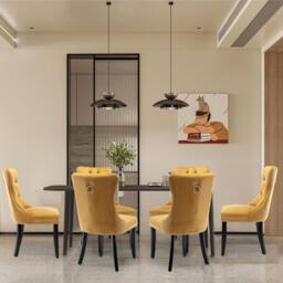 HomeTouch Romsey Set of 6 Velvet Upholstered Dining Chairs with Oak Legs & Knocker Ring Back in Yellow - Size: 6 Pack - thumbnail 2