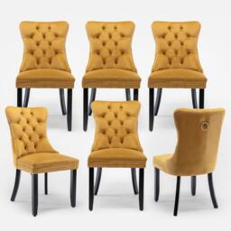 HomeTouch Romsey Set of 6 Velvet Upholstered Dining Chairs with Oak Legs & Knocker Ring Back in Yellow - Size: 6 Pack
