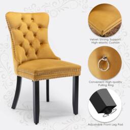 HomeTouch Romsey Set of 6 Velvet Upholstered Dining Chairs with Oak Legs & Knocker Ring Back in Yellow - Size: 6 Pack - thumbnail 7