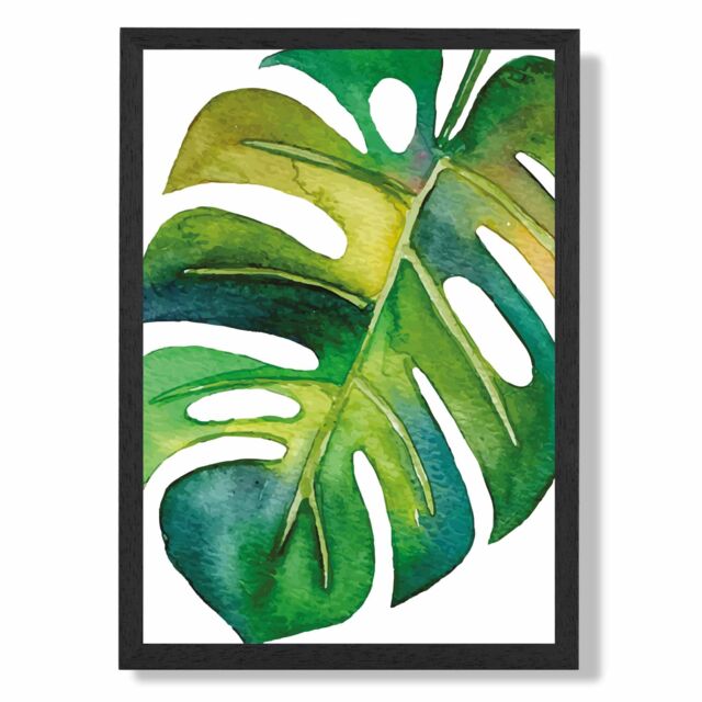 ARTZE Monstera Abstract Watercolour Botanical Framed Print SIZE: A3 with Black Frame in Green - Size: A4 - image 1