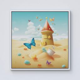 "Warren Reed - Designer Butterflies On A Beach Holiday Framed Canvas in Off-White - Size: W30"" x H30""" - thumbnail 1