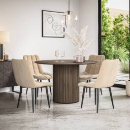 More4Homes Arlo Walnut Table Top W Walnut Legs + Nova Velvet Dining Chair Set Of 6 in Beige