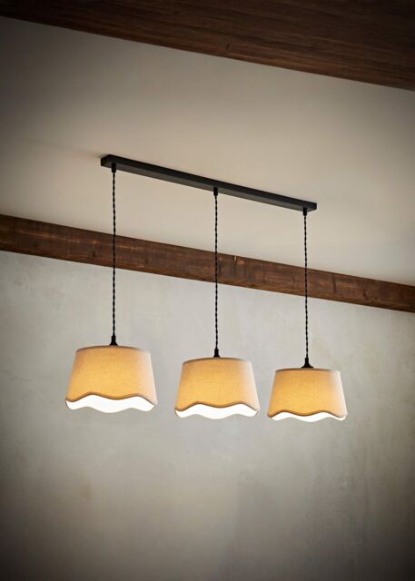 ValueLights Mabel Natural Linen Scallop 3 Drop Bar Black Diner Ceiling Light - image 1