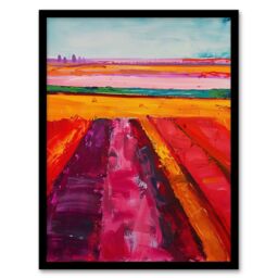 Artery8 Abstract Red Tulip Fields Oil Painting Pink Bold Framed Art Print in Orange - Size: A4 - thumbnail 1