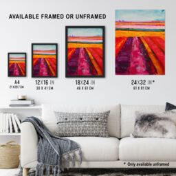Artery8 Abstract Red Tulip Fields Oil Painting Pink Bold Framed Art Print in Orange - Size: A4 - thumbnail 3