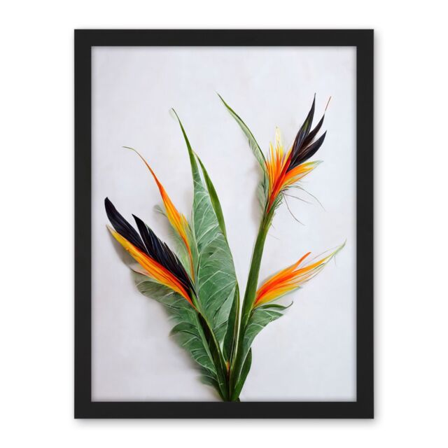 "Artery8 Wall Art Print Bird of Paradise Stem Leaves & Flowers Tropical Plant Botanical Large Framed Wall Décor Art in White - Size: W18"" x H24""" - image 1