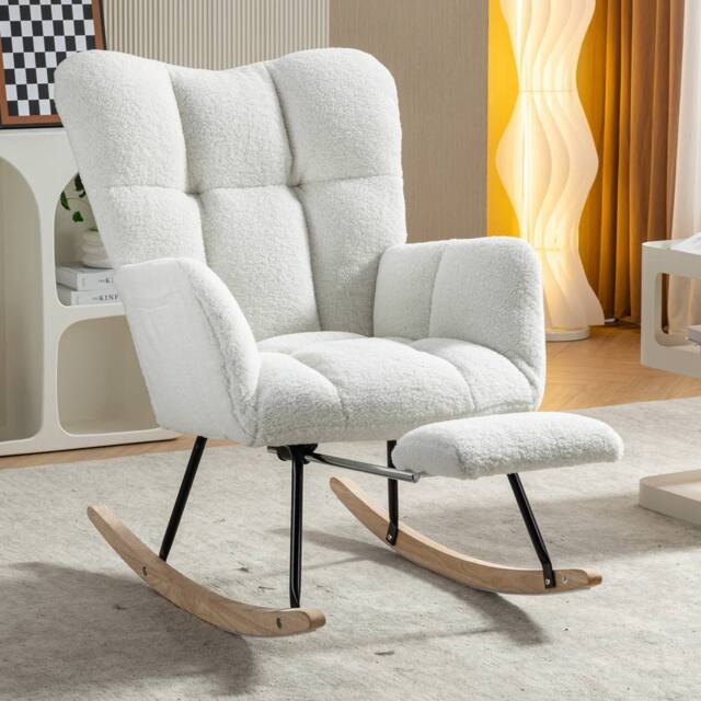 Direct Wicker Teddy Fabric Tufted Upholstered Rocking Chair with Pull-out Footrest in White - Size: 1 Pack - image 1