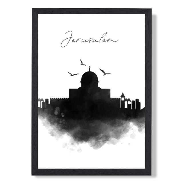 ARTZE Jerusalem Watercolour Skyline City Framed Print SIZE: A2 with Black Frame - Size: A4 - image 1