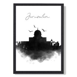 ARTZE Jerusalem Watercolour Skyline City Framed Print SIZE: A2 with Black Frame - Size: A4 - thumbnail 1