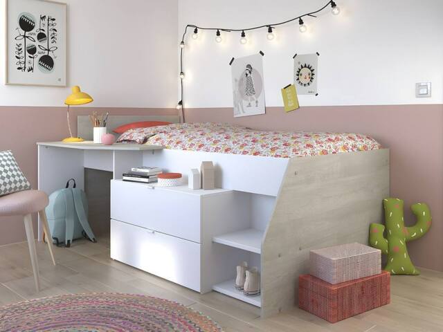 Vente-unique Bed With Desk & Storage - 90 X 190/200 Cm - White & Natural + Bed in Light Oak - Size: Single - image 1