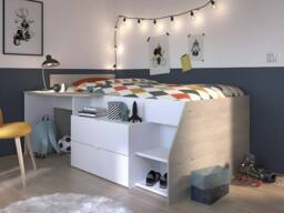 Vente-unique Bed With Desk & Storage - 90 X 190/200 Cm - White & Natural + Bed in Light Oak - Size: Single - thumbnail 4