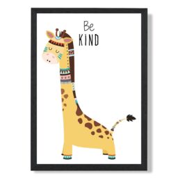 ARTZE Be Kind Giraffe Tribal Animal Quote Framed Print SIZE: A3 with Black Frame in Yellow - Size: A4 - thumbnail 1