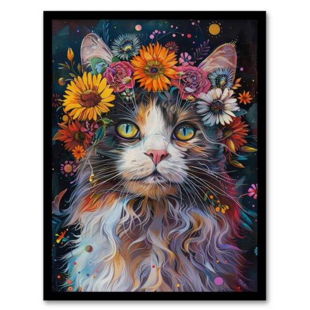 Artery8 Wall Art Print Mystic Psychedelic Hippy Cat Flower Crown Abstract Art Framed Poster in Black - Size: A4 - image 1