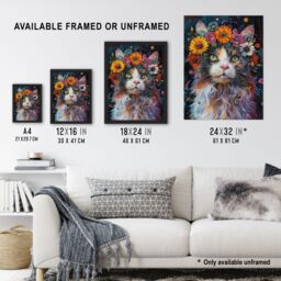 Artery8 Wall Art Print Mystic Psychedelic Hippy Cat Flower Crown Abstract Art Framed Poster in Black - Size: A4 - thumbnail 3