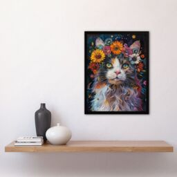 Artery8 Wall Art Print Mystic Psychedelic Hippy Cat Flower Crown Abstract Art Framed Poster in Black - Size: A4 - thumbnail 4