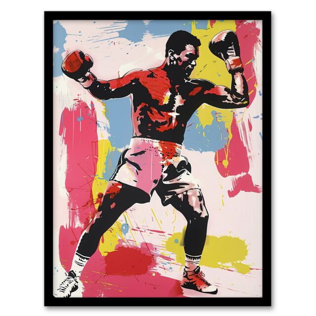 "Artery8 Boxer Sport Portrait Boxing Gloves Colourful Bold Framed Art Print - Size: W12"" x H16""" - image 1