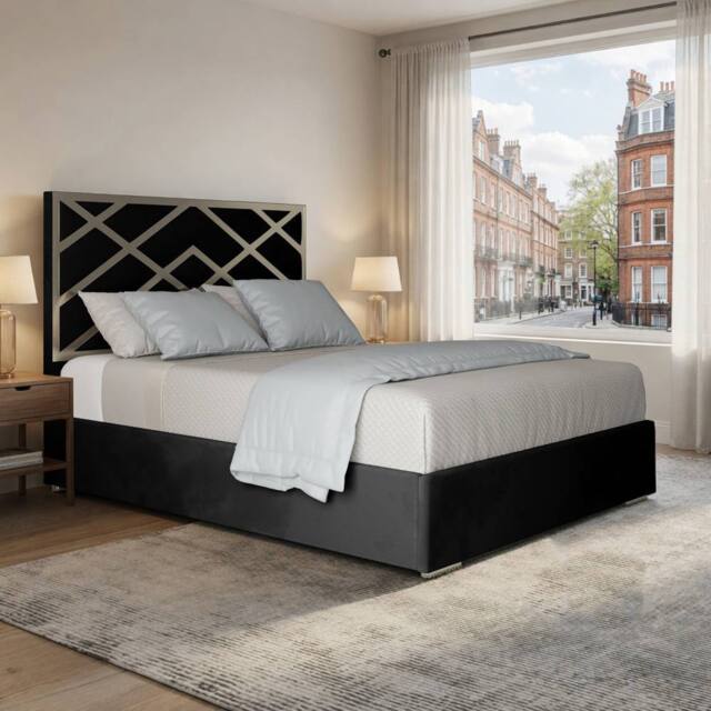 Casani Marden Upholstered Soft Velvet Black Metal Designer Bed Frame - Size: Small Double - image 1