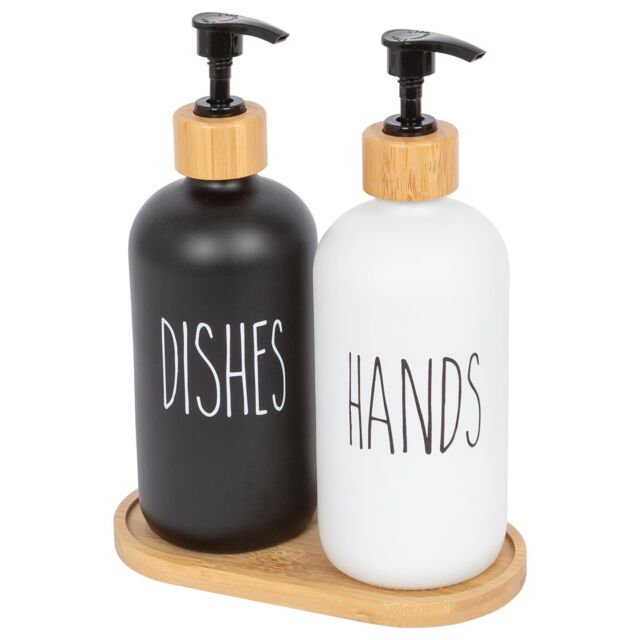 Harbour Housewares 2pc Glass Hand & Dish Soap Dispenser Set with Bamboo Tray - 500ml - White/Black in White - image 1