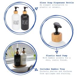 Harbour Housewares 2pc Glass Hand & Dish Soap Dispenser Set with Bamboo Tray - 500ml - White/Black in White - thumbnail 2