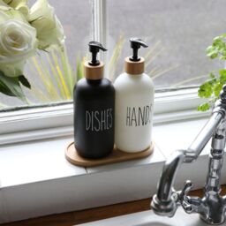 Harbour Housewares 2pc Glass Hand & Dish Soap Dispenser Set with Bamboo Tray - 500ml - White/Black in White - thumbnail 5