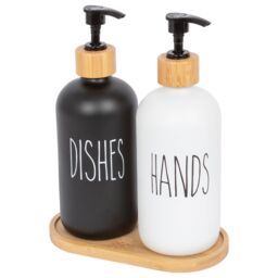 Harbour Housewares 2pc Glass Hand & Dish Soap Dispenser Set with Bamboo Tray - 500ml - White/Black in White - thumbnail 1