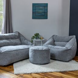 icon Round Chenille Bean Bag Pouffe Sage Green Large Chenille Footstool in Mid Grey - thumbnail 3