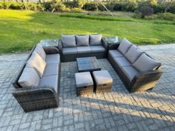 Fimous 11 Seater Rattan Outdoor Furniture Set Patio Garden Sofa Set with Square Coffee Table 3 Seater Sofa 2 Small Footstools in Dark Grey - thumbnail 1