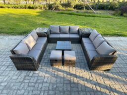 Fimous 11 Seater Rattan Outdoor Furniture Set Patio Garden Sofa Set with Square Coffee Table 3 Seater Sofa 2 Small Footstools in Dark Grey - thumbnail 2