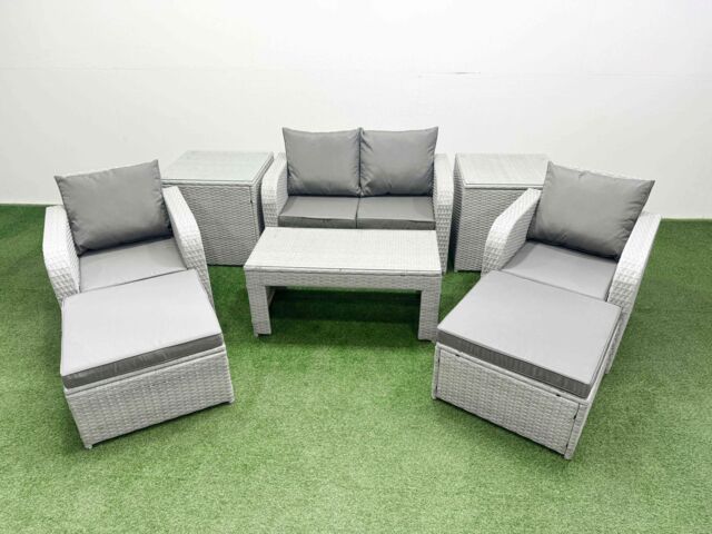 Fimous Light Grey PE Wicker Rattan Garden Furniture Set Sofa Set Reclining Adjustable Chair Oblong Coffee Table 6 Seater 2 Big Stools 2 Side Table - image 1
