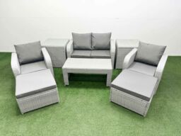 Fimous Light Grey PE Wicker Rattan Garden Furniture Set Sofa Set Reclining Adjustable Chair Oblong Coffee Table 6 Seater 2 Big Stools 2 Side Table - thumbnail 2