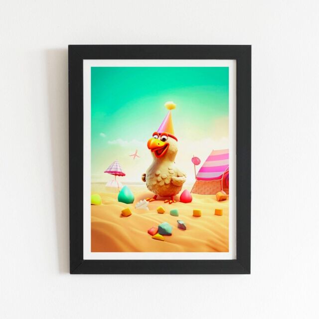 "Warren Reed - Designer Funky Chicken On A Beach Holiday Framed Art Print in Black - Size: W8"" x H10""" - image 1