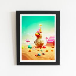 "Warren Reed - Designer Funky Chicken On A Beach Holiday Framed Art Print in Black - Size: W8"" x H10""" - thumbnail 2