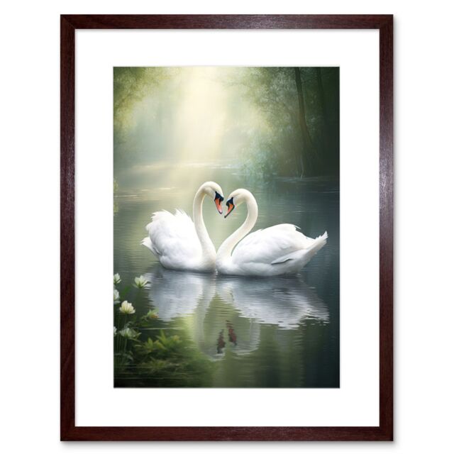 "Artery8 Wall Art Print Elegant Love Heart Swans Photo Misty Morning River Scene Love Romance Artwork Framed 9X7 Inch in Brown - Size: W7"" x H9""" - image 1