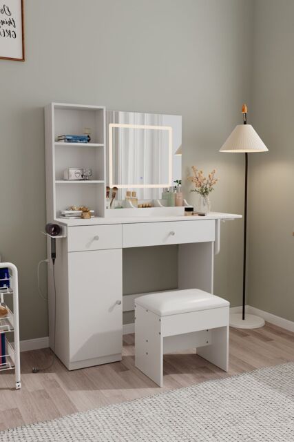 Living and Home Dressing Table with LED Illuminated Mirror in White - image 1