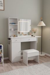 Living and Home Dressing Table with LED Illuminated Mirror in White