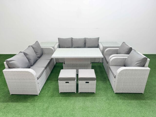Fimous PE Rattan High Back Lounge Sofa Set Patio Adjustable Lifting Dining or Coffee Table & Chairs Set w/ 3 Seater Sofa Reclining Chair Stools 2 - image 1
