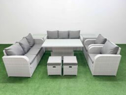 Fimous PE Rattan High Back Lounge Sofa Set Patio Adjustable Lifting Dining or Coffee Table & Chairs Set w/ 3 Seater Sofa Reclining Chair Stools 2 - thumbnail 1