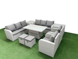 Fimous PE Rattan High Back Lounge Sofa Set Patio Adjustable Lifting Dining or Coffee Table & Chairs Set w/ 3 Seater Sofa Reclining Chair Stools 2 - thumbnail 2