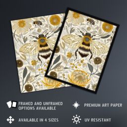 "Artery8 Honey Bee Flowers Bright Stylised Floral Design Framed Art Print in Yellow - Size: W12"" x H16""" - thumbnail 2