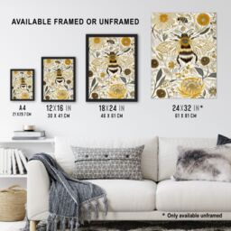"Artery8 Honey Bee Flowers Bright Stylised Floral Design Framed Art Print in Yellow - Size: W12"" x H16""" - thumbnail 3