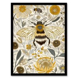 "Artery8 Honey Bee Flowers Bright Stylised Floral Design Framed Art Print in Yellow - Size: W12"" x H16""" - thumbnail 1